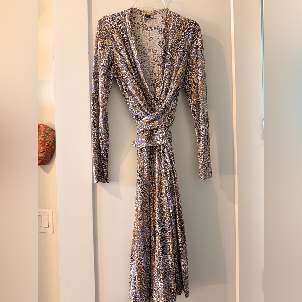 Issa London Long Sleeve Dress - tiny leaf print in browns and periwinkle sz 6 us